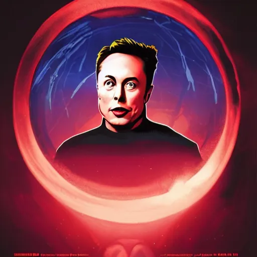 Image similar to movie poster of elon musk as a villain who looks at the planet mars with a macabre smile, his face is illuminated with a red light, john alvin style