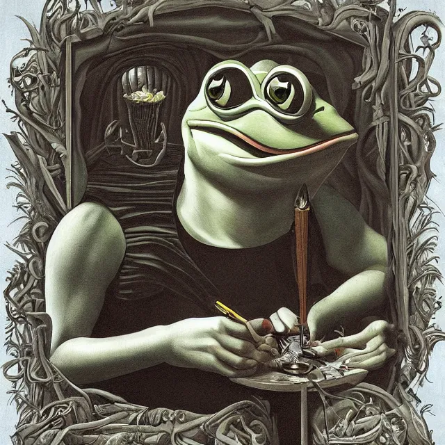 Prompt: pepe the frog artist painting a self - portrait on a canvas. intricate, highly detailed, digital matte painting in the style of alberto vargas and in the style of h. r. giger. irony, recursion, inspiration.