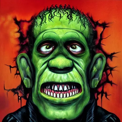 Image similar to gilbert gottfried as frankenstein monster scary horror painting metal album cover