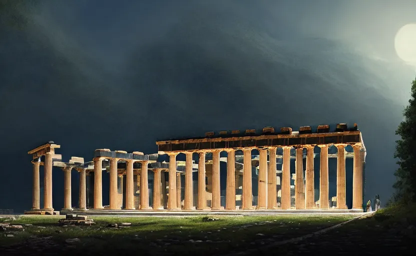 Image similar to exterior shot of utopian train station on in the middle of an ancient greek temple hill with cinematic lighting by peter zumthor and renzo piano, darek zabrocki and greg ruthkowski, simon stalenhag, cinematic, holy place, paradise, scifi, futurism, atmospheric, concept art, artstation, trending on artstation