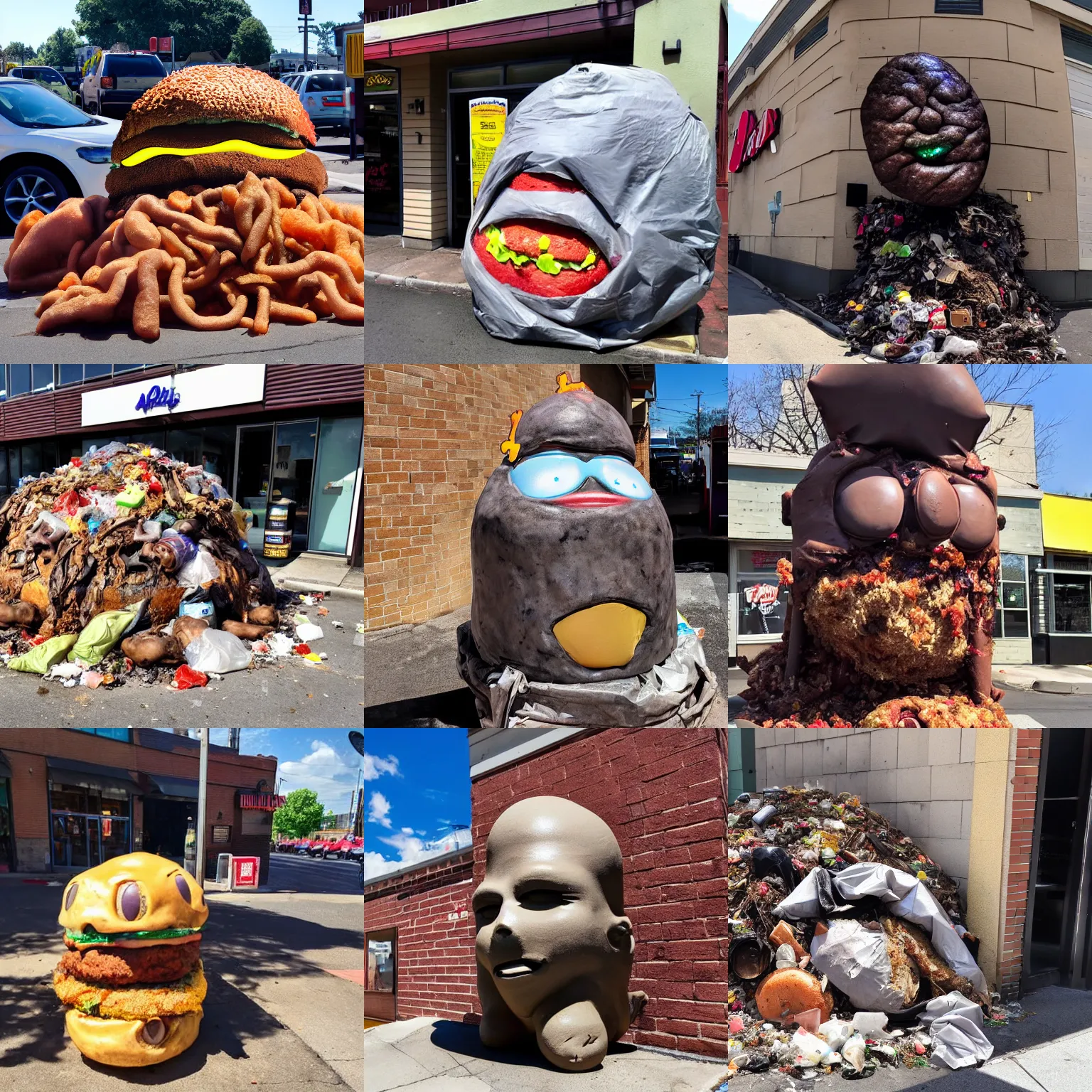 Prompt: steaming pareidolia pile of garbage with defined body and a human face baking in sun oozing goo outside arby's, fast food review, wide angle, specular highlights, fetid