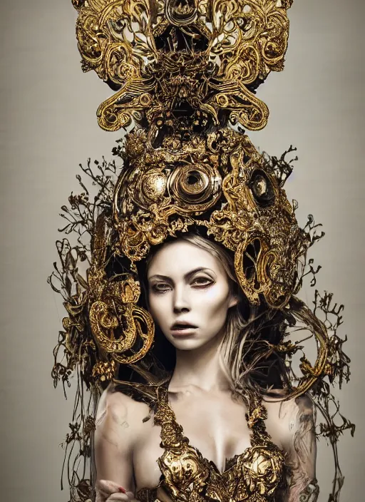 Image similar to a portrait of female model by stefan geselle and nekro borja, photorealistic, intricate details, hyper realistic, fantasy, elegant, ornate metal gold headpiece, photorealistic, canon r 3, photography, wide shot, symmetrical features, wide angle shot, perfect body standing pose, feet on the ground, studio background