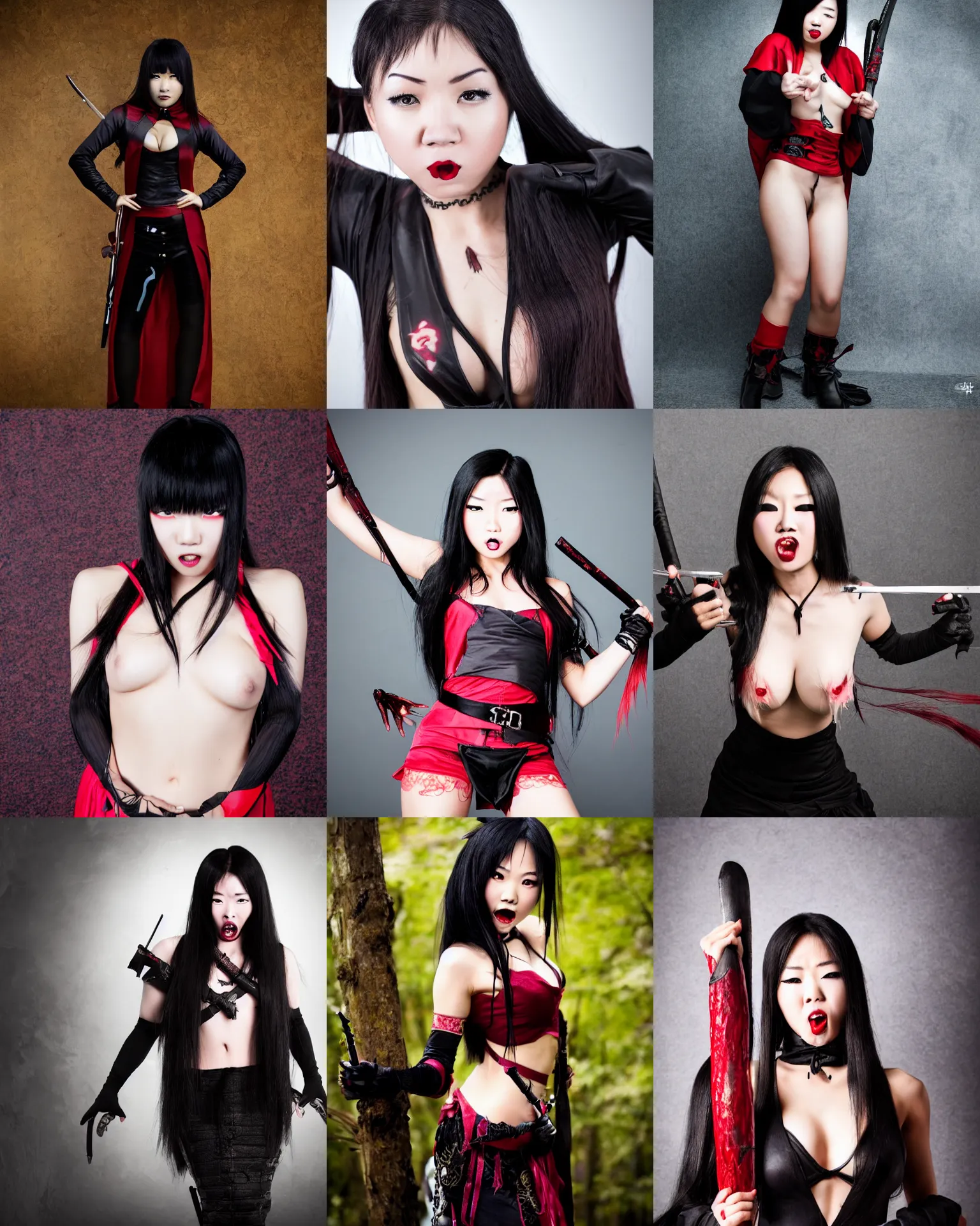Prompt: a beautiful, female asian vampire ninja who is baring her fangs and standing in a menacing pose, award - winning 4 k photograph