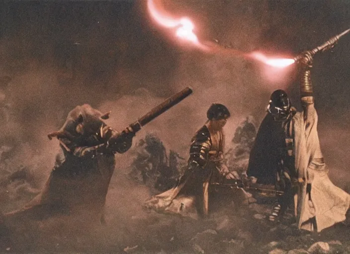 Prompt: film still of 3 5 mm cinematography, film atmosphere, atmospheric haze, kurosawa ronin in star wars return of the jedi, action battle scene sword fight