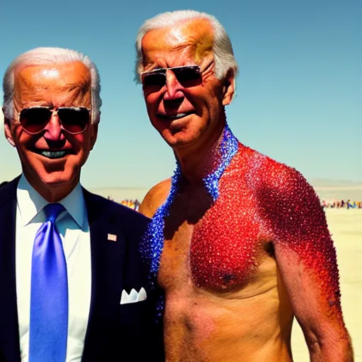 Prompt: a very very detailed photo of Joe Biden attending Burning Man on the Playa with Donald Trump both covered in body glitter, very very detailed, photorealism, Photoshop, very coherent, HD