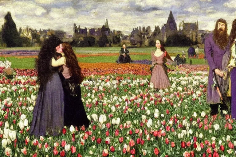 Image similar to hagrid the viking and morticia addams kiss in a field of tulips, masterpiece, highly detailed, oil on canvas, art by walter sickert, john singer sargent, and william open