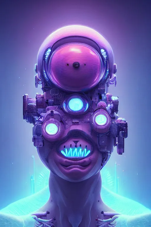 Image similar to portrait of a cute smiling bioluminescent creature, cyberpunk, dark retrowave, highly detailed, asymmetrical artwork, cinematic, hyperrealism, art by zdzisław beksinski and stanley lau and artgerm and magali villeneuve and alphonse mucha, artstation, octane render, unreal engine, 8 k, aperture f 1. 2