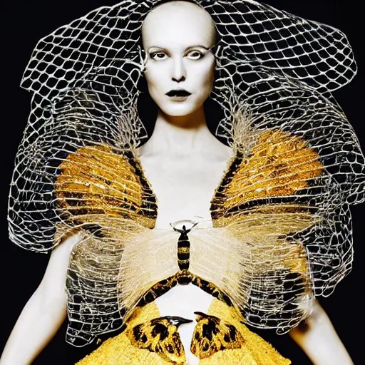 Image similar to stunning gown made of 🐝 !! street style, backlit, Alexander mcqueen, Vivienne Westwood, Oscar De la Renta, Dior, high fashion photo shoot, photograph by annie leibovitz, fantasy lut,