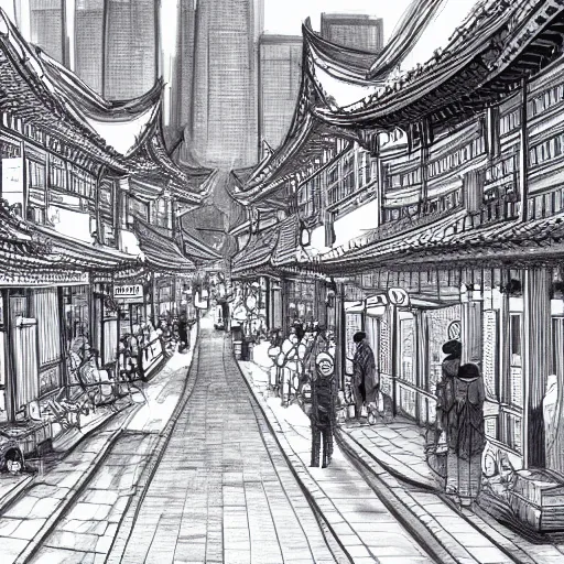 Image similar to High detailed sketch of korean city street, pencil drawing, traditional buildings, joseon era, black and white, artstation, extreme detail