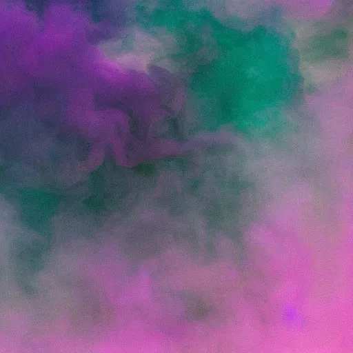 Image similar to dimly lit smoke, muted multi-color lapis rebeca-purple medium-sea-green, muted neon smoke, fog, smoke with vague feathered outline of fierce flying dragons with large outstretched wings, bokeh