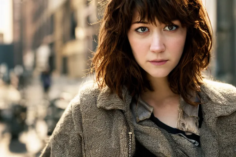 Image similar to closeup potrait of Mary Elizabeth Winstead in a smoky new york back street, photograph, natural light, sharp, detailed face, magazine, press, photo, Steve McCurry, David Lazar, Canon, Nikon, focus