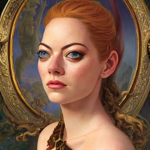 Image similar to A fantasy comic book style portrait painting of Emma Stone, as an Atlantean Reptilian Warrior, François Boucher, Oil Painting, Mystical Valkyrie, unreal 5, DAZ, hyperrealistic, octane render, Regal, Refined, Detailed Digital Art, RPG portrait, William-Adolphe Bouguereau, Michael Cheval, Walt Disney (1937), Steampunk, dynamic lighting, Highly Detailed, Cinematic Lighting, Unreal Engine, 8k, HD