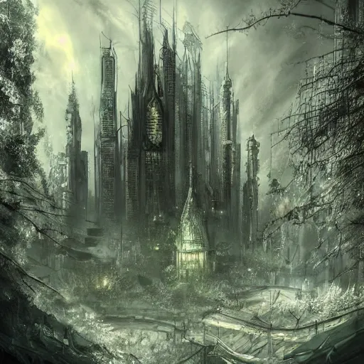 Image similar to a city high in a fairy tale forest in the style of cyberpunk in the style of dark fantasy art Trending on artstation DeviantArt Pinterest Photorealistic HD 8k highlights and shadow detailed High Resolution