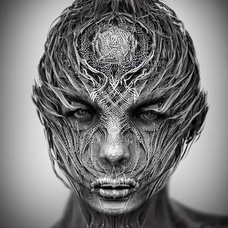 Image similar to surreal spinal ribbed tribal exotic organic face portrait of a beautiful cult member wearing occult, beautiful detailed intricate insanely detailed BW 3D render digital art, octane render, 8K artistic photography, photorealistic