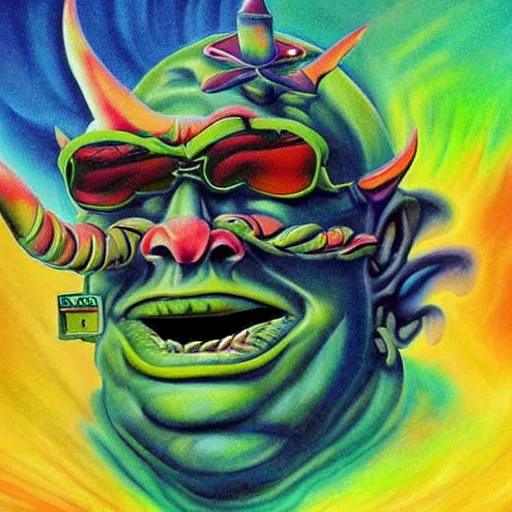 Image similar to psychedelic airbrush art of an orc driving a motorcycle