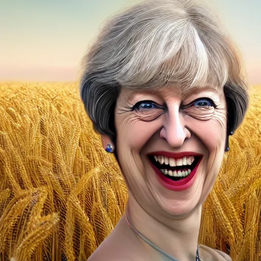 Prompt: highly detailed close up portrait of a laughing Theresa May ((Theresa May)) by Ruan Jia and Mandy Jurgens and Artgerm and William-Adolphe Bouguerea, 4k resolution, misty happy color scheme!!! ((field of wheat background))