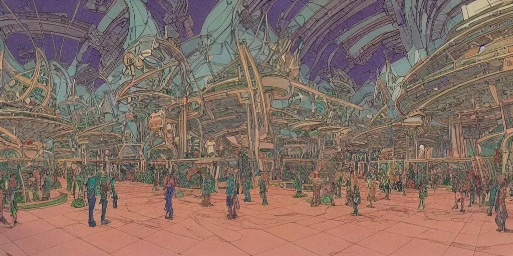 Prompt: cel shaded matte illustration of the the interior of a scifi space station with ornate elven architecture bustling with people, emerald, crystalline, detailed illustration, sharp focus, crisp lines, art by moebius, jean giraud moebius comic illustration