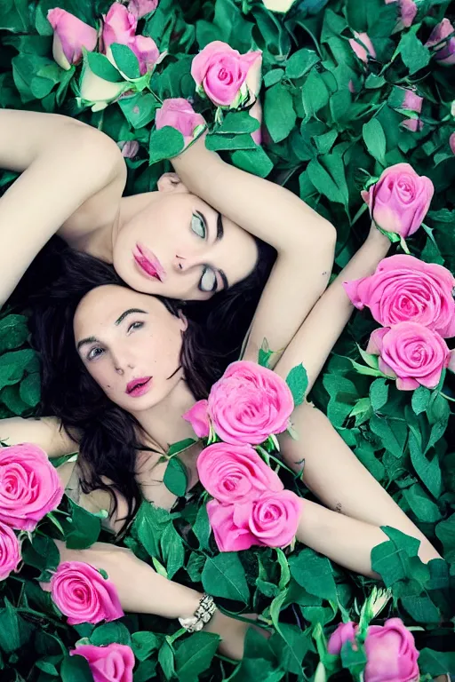 Prompt: fine art photo of the beauty gal gadot, she is lying down and merging from pink roses, taken by oleg oprisco