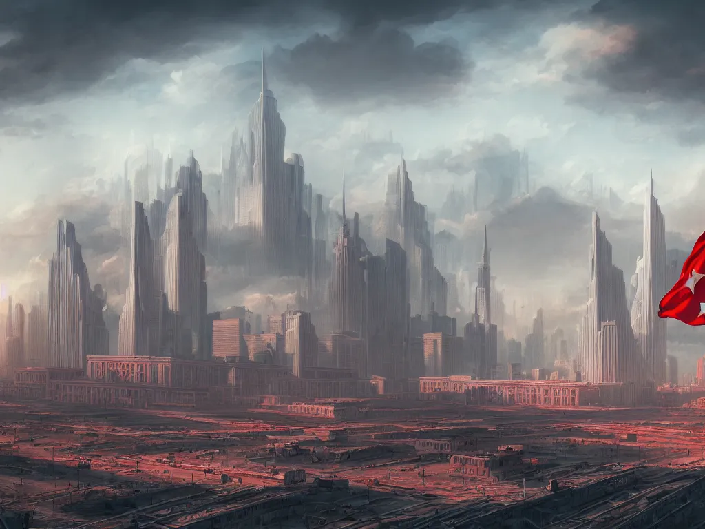 Image similar to landscape matte painting of a communist american state megastructure after the triumph of communism in america, socialist american state flag, socialist statues, digital painting, modern city scape, awe, bright future, hope, highly detailed, 4 k, artstation, photorealistic, architecture, america 2 0 9 8 by fan wennan