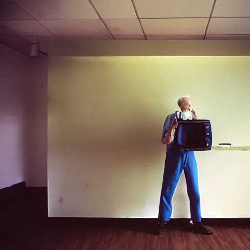 Image similar to In an call centre office, A skinny old Man with a old television strapped to his back ,flexible industrial pipes join his ears and mouth to the television, fibres trial on the floor ,Kodak portra 400