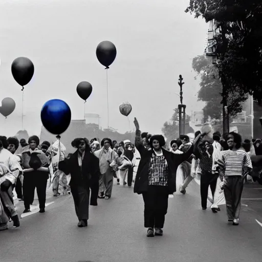 Image similar to A large group of people parading through the street holding balloons, there are a lot of ballons, calm afternoon, overcast day, 1980s.