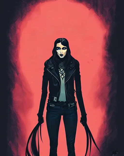 Image similar to rafael albuquerque comic art, peter mohrbacher, steve niles, artgerm, pretty taissa farmiga witch, symmetrical eyes, black leather jacket, jeans, long blonde hair