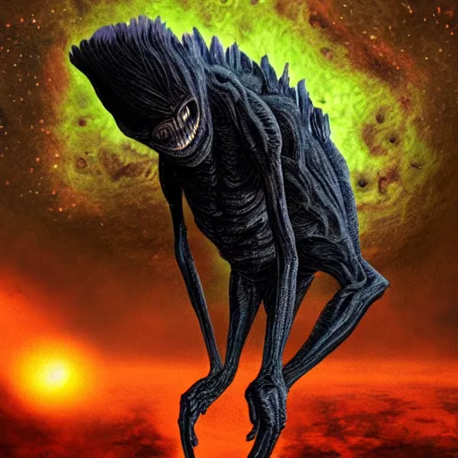 Image similar to A monster from within a black hole, alien in nature, brutal and vast, powerful and hungry :: by Mike Deodata