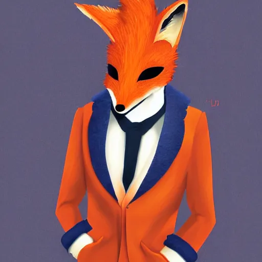 Prompt: Young man wearing an orange-gala-fox-mask, darkblue suit and had a fluffy foxtail, digital art, detailed