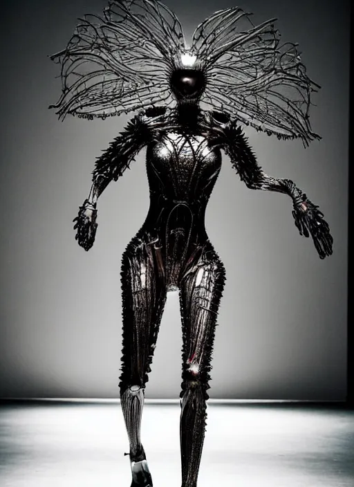 Image similar to walking down the catwalk, steven klein, show, stage, vogue photo, podium, fashion show photo, iris van herpen, beautiful woman, full body shot, helmet on face, masterpiece, plant predator, giger, guyver, jellyfish, biomechanical details, movie still, fauvism, cinestill, bokeh, gelios lens