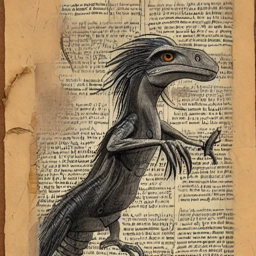 Image similar to vintage parchment with a sketch of a feathered dinosaur with full descriptions, 8K, HD, highly detailed, high quality