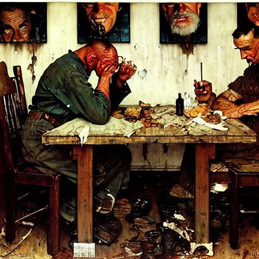 Prompt: a condemned prisoner eating his last meal, somber, dirty, artist norman rockwell and john sargent,