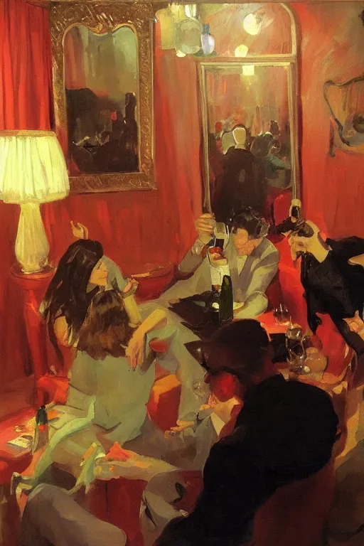 Prompt: glam rockers drinking wine, inside a tiny green room with red lights by joaquin sorolla, greg rutkowski, bill sienckiwicz, extremely detailed