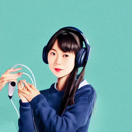 Image similar to wonderful young japanese girl with a mixer playing music, with headphones in her ears, with a sweatshirt with a cap with techno letters, with a vinyl in her hand, in a dark industrial park, realistic mouth, high definition, detailed and symmetrical face, detailed and realistic hands, expressive eyes, 4 k, bright color, epic digital art