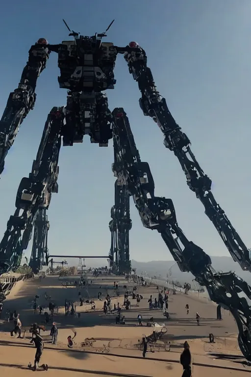 Prompt: cinematography of giant Mech on Santa Monica peer By Emmanuel Lubezki