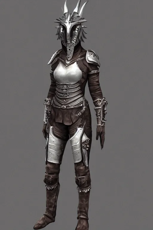 Image similar to female adventurer in tight full - body leather armor of dwemer design with white porcelain crow mask, trending in artstation, establishing shot