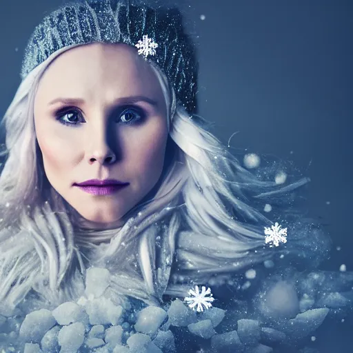 Prompt: Kristen Bell as a snow goddess covered in snow, grungy, unkept hair, glowing eyes, winter, modelsociety, radiant skin, huge anime eyes, RTX on, bright on black, dramatic, studio lighting, perfect face, intricate, Sony a7R IV, symmetric balance, polarizing filter, Photolab, Lightroom, 4K, Dolby Vision, Photography Award