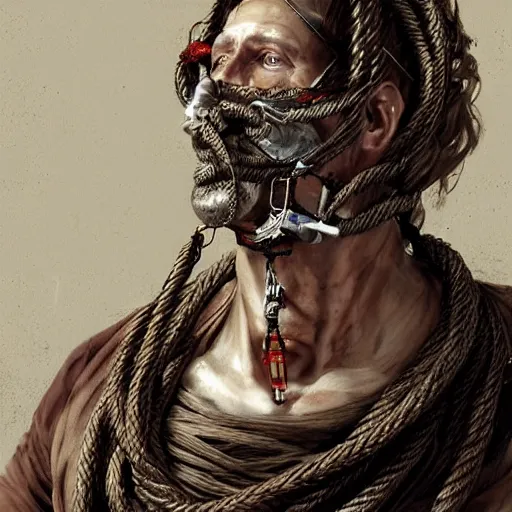 Image similar to portrait of a Shibari rope wrapped around the face and neck of an old cyborg merchant, mouth wired shut, headshot, insanely nice professional hair style, dramatic hair color, digital painting, of a old 17th century, amber jewels, baroque, ornate clothing, scifi, realistic, hyper detailed, chiaroscuro, concept art, art by Franz Hals and Jon Foster and Ayami Kojima and Amano and Karol Bak,