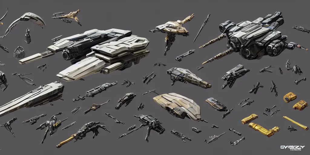 Image similar to futuristic sci - fi props and gadget, hard surface, collection, kitbash, parts, shape and form, in watercolor gouache detailed paintings, star citizen, modular, pieces, golden ratio, mobius, weapon, guns, destiny, big medium small, insanely details