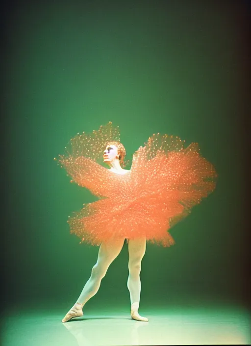 Prompt: realistic photo of a blurred face of a man, covered in shriveling dead semi - translucent iridescent coral reef, emitting aura, in a ballet pose in a black room with a white spotlight shining on him 1 9 6 0, life magazine photo, natural colors, metropolitan museum, kodak, 8 k, very detailed, high resolution, product photo,