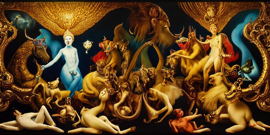 Image similar to the three imaginary fates pleasure dream adventure imaginary mythical animals love abstract oil painting by gottfried helnwein pablo amaringo raqib shaw zeiss lens sharp focus high contrast chiaroscuro gold complex intricate bejeweled