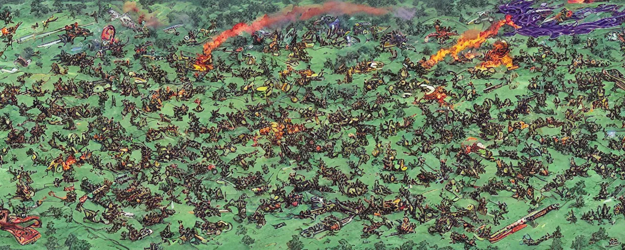 Image similar to childen's art of a battle field, detailed