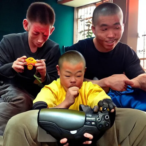 Image similar to a honey badger, creeper, and Shaolin monk playing video games together