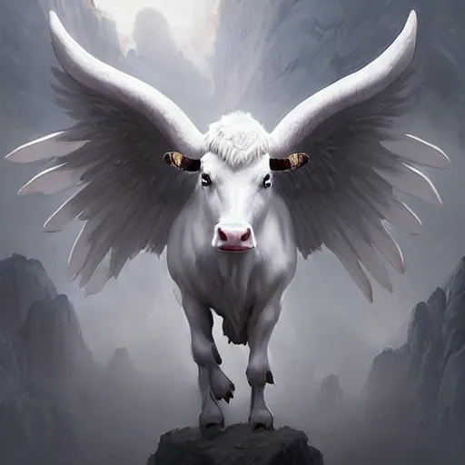 Image similar to a white bull with angelic wings, epic fantasy digital art, fantasy style art, by Greg Rutkowski, fantasy hearthstone card art style