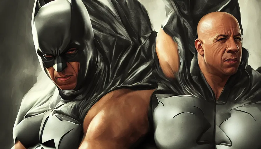 Prompt: Vin Diesel is unmasked Batman, hyperdetailed, artstation, cgsociety, 8k