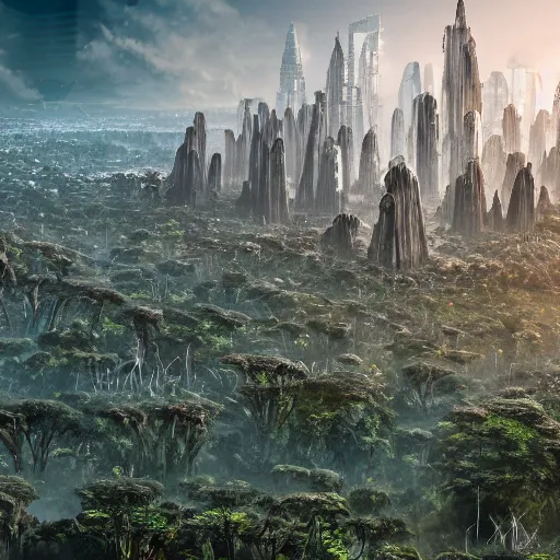 Image similar to a sprawling city landscape, overgrown, alien planet, high rises, oblong formations, crooked angles, uhd, 8 k, digital art, award winning,