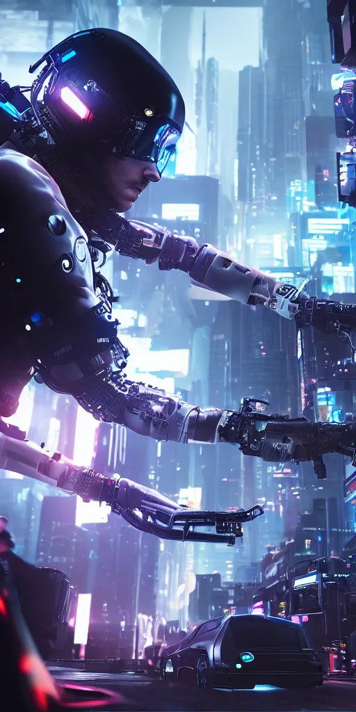 Image similar to concept art, supercomputer on the wrist, cyberpunk style, backlight, future technology, smooth lines, high detail, 8 k, octane rendering, unreal engine.