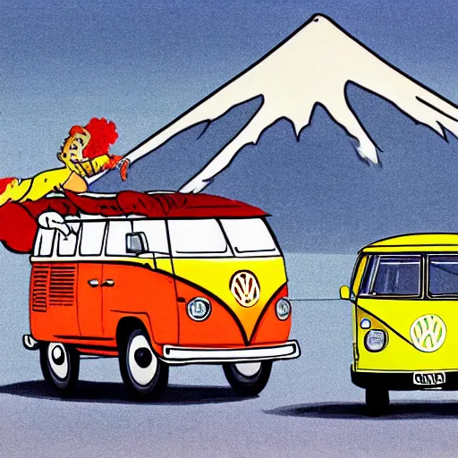 Prompt: a caricature drawing of a vw volkswagen bus, camper, bulli, type - 2, microbus, kombi, flying towards the camera, viewer, a vulcano is erupting in the background