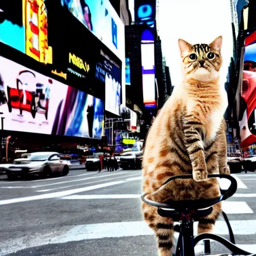 Image similar to a photorealistic, 4 k, photoshoot of a cat riding a bicycle though times square