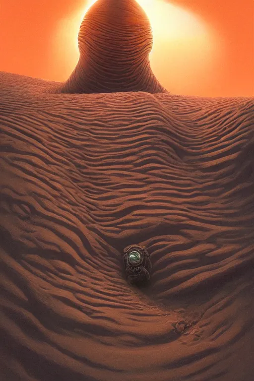 Image similar to a sandworm on arrakis, god emperor of dune, shai hulud by david a hardy, noriyoshi ohrai, gary ruddell, greg rutkowski highly detailed, cinematic composition, trending on artstation