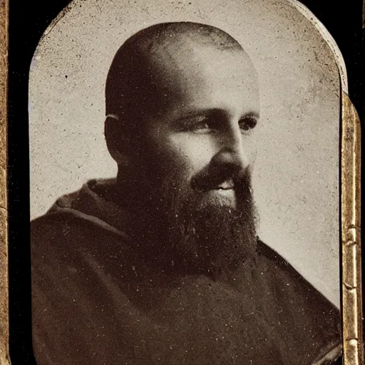 Image similar to tintype photograph of medieval monk, medieval abbot, italian monastery, medieval photograph